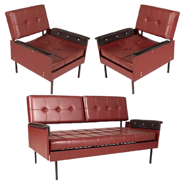 Italian Cubist Iron & Faux Leather Armchairs and Daybed, 1960s, Set of 3 For Sale