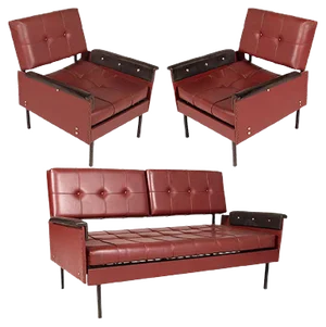 Italian Cubist Iron & Faux Leather Armchairs and Daybed, 1960s, Set of 3