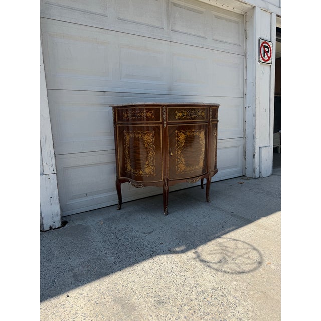Vintage Louis XV Style Marquetry Bombe Cabinet With Marble Top For Sale In New York - Image 6 of 11
