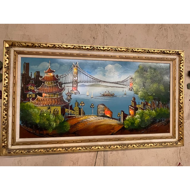 This vibrant light up electric oil painting portrays an imaginative view of San Francisco, combining the suspension span...