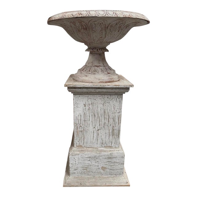 Late 20th Century Iron Urn With Wooden Pedestal For Sale