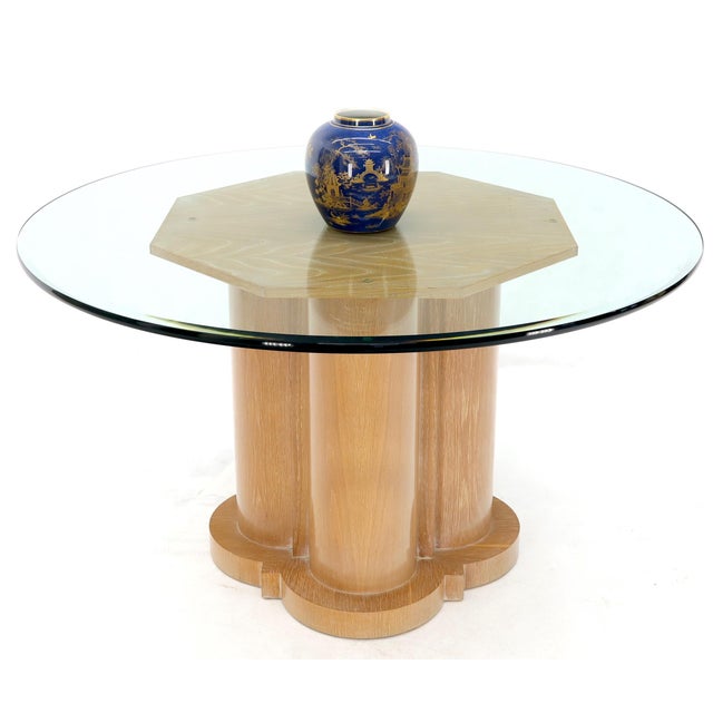 Mid-Century Modern Cerused Oak Triple Cylinder Base 52" Round Glass Top Dining Conference Table For Sale - Image 3 of 12