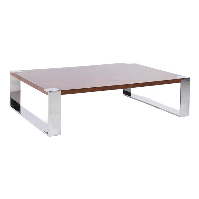 Ralph Lauren Mid Century Burlwood and Stainless Steel Cocktail Coffee Table For Sale