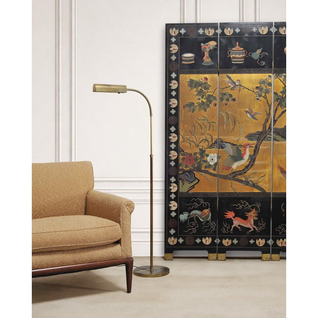 A weathered mid-century modern patinated brass pharmacy floor lamp made in the style of similar lamps by Koch and Lowy and...