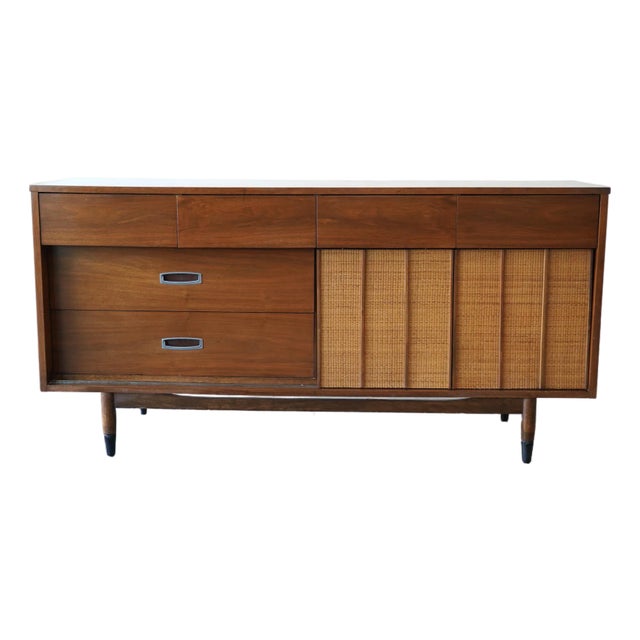 1960s Mid-Century Modern Hooker Walnut & Cane Lowboy Dresser 64” For Sale