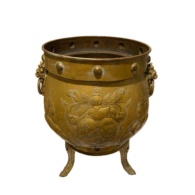 Rare, Large Antique English Jardinière With Brass Etchings and Lion Heads For Sale - Image 4 of 13