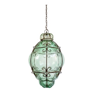 Large Vintage Italian Hand-Forged Iron and Green Venetian Glass Lantern Chandelier For Sale
