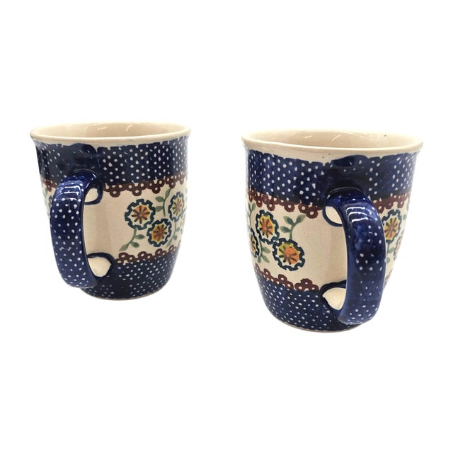 Polish Boleslawiec Pottery Yellow Blue Flowers Coffee Tea Cup Mug 5" For Sale - Image 4 of 10