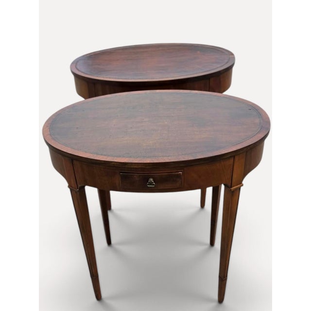 1920 English Sheraton Mahogany Leather Top Side/Sofa Tables, American Made. For Sale - Image 4 of 16