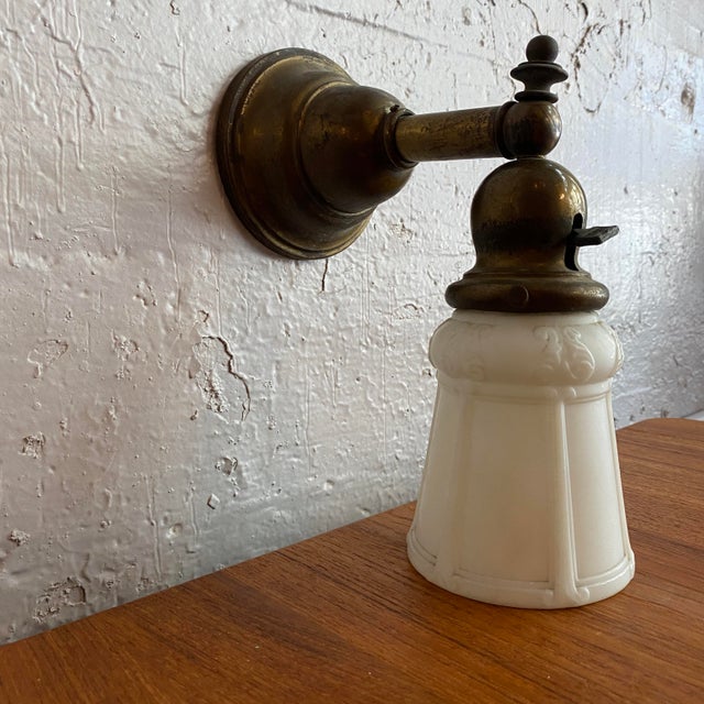 Antique Industrial Brass Wall Sconce With Frosted Glass Shade For Sale - Image 9 of 13