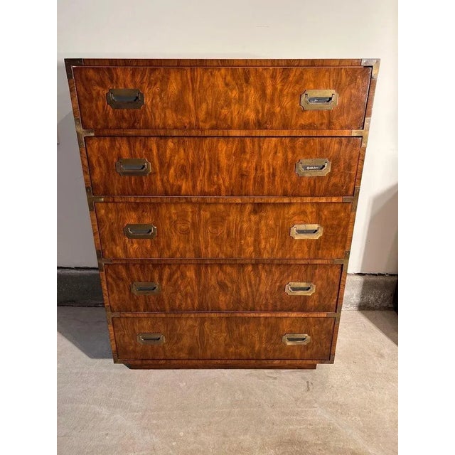 Mid-Century Modern Walnut Campaign Dresser in the Style of Henredon For Sale - Image 3 of 13