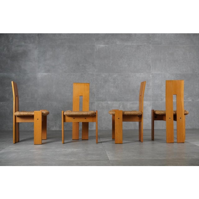 Postmodern Sculptural Oak and Rush Seat Dining Chairs, 1970s, Set of 4 For Sale - Image 4 of 13