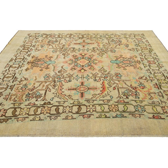 Contemporary Revival Wool Rug Handmade in Tan With Allover Floral Pattern For Sale In New York - Image 6 of 11