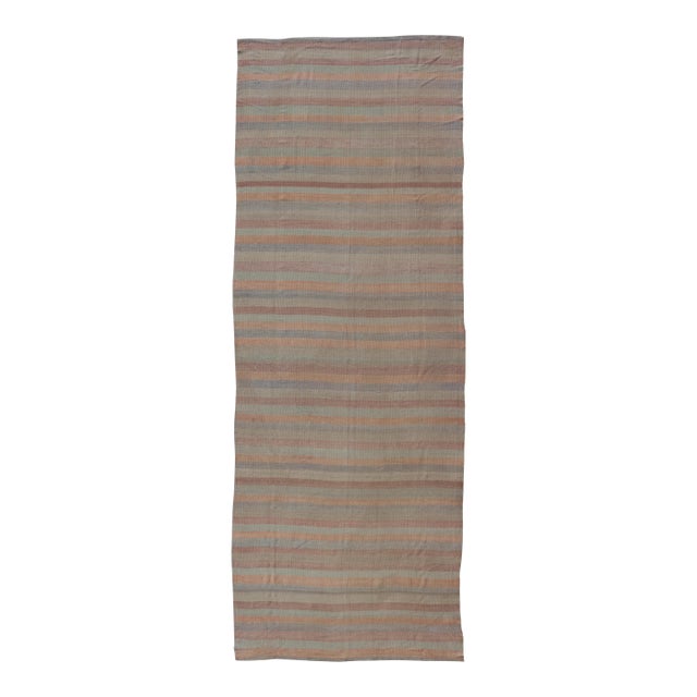 Vintage Turkish Kilim Gallery Runner With Soft Stripes in Sage, Peach, and Sand For Sale