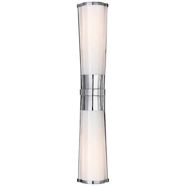 Carew Linear Sconce in Polished Nickel with White Glass Designer: Chapman & Myers Height: 24" Extension: 3" Backplate: 4"...