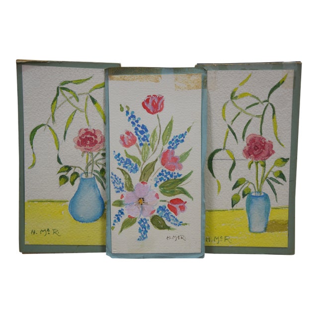 Mid Century Helen McRae Botanical Still Life Watercolor Paintings Vase Flowers - Set of 3 For Sale