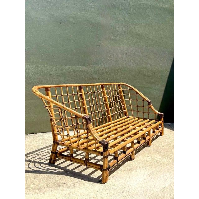 Vintage Woven Grid Rattan High Back Sofa For Sale - Image 9 of 13