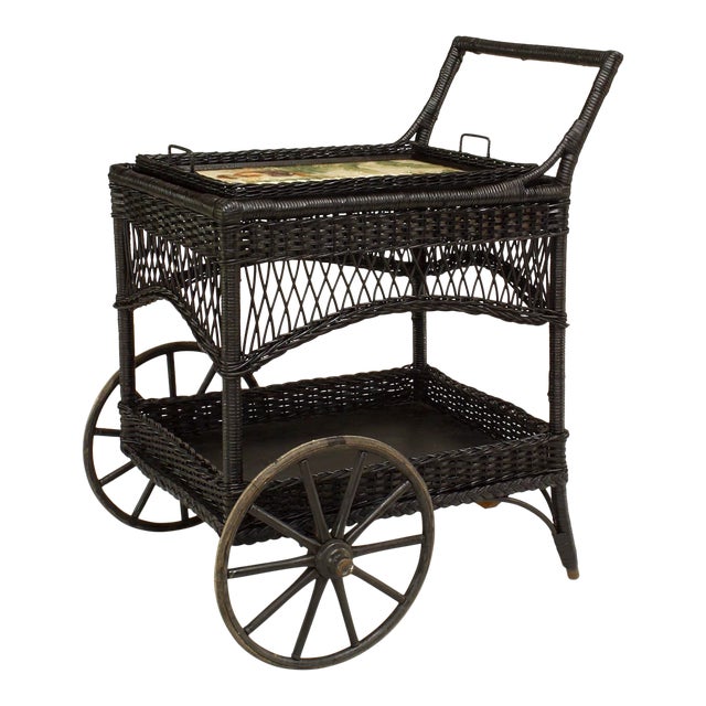 American Victorian Black Painted Wicker Bar Cart Chairish