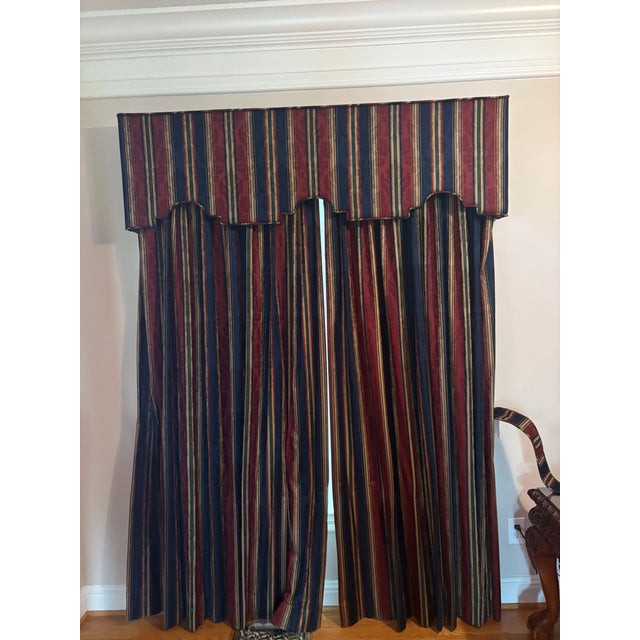 Traditional 2002 Custom Striped Blackout Curtains With Traditional Cornice – Classic Red, Navy & Gold- 3 Pieces For Sale - Image 3 of 11