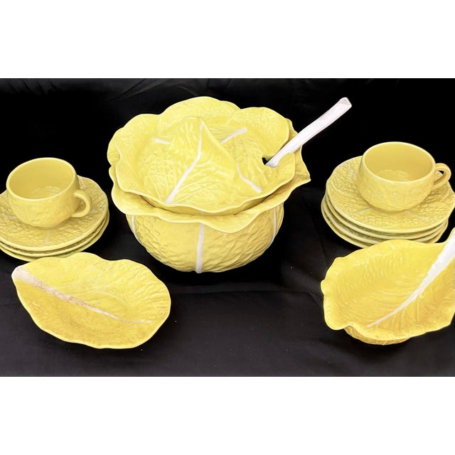 Yellow Portuguese Cabbage Leaf Dinnerware Set of Fifty Four Pieces For Sale - Image 9 of 13