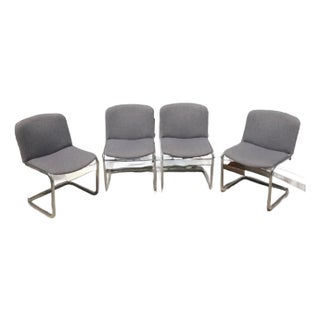 Set of 4 1960’s Vintage Italian Mid Century Modern Gray Tweed Upholstered Chrome Tubular Frame Cantilever Chairs For Sale