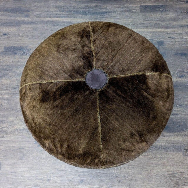 Contemporary Fur Covered Ottoman on Wood Base For Sale - Image 3 of 5