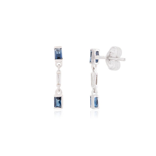Natural Blue Sapphire Drop Earrings With Baguette Diamonds in 14k White Gold- A Pair For Sale In New York - Image 6 of 12