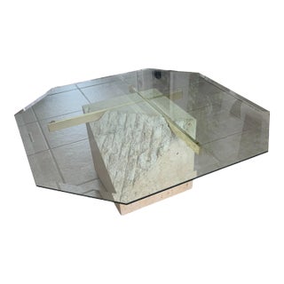 1980s Art Deco Brass and Glass Tessellated Stone Pedestal Coffee Table For Sale