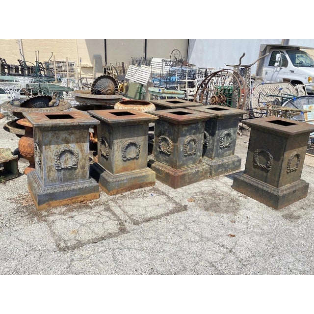 Vintage Neoclassical Cast Iron Wreath Garden Urn Planter Pedestal Base - Pair For Sale - Image 10 of 12
