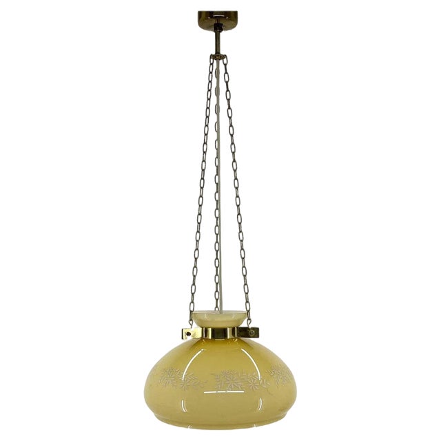 Glass & Brass Pendant Light, 1950s For Sale