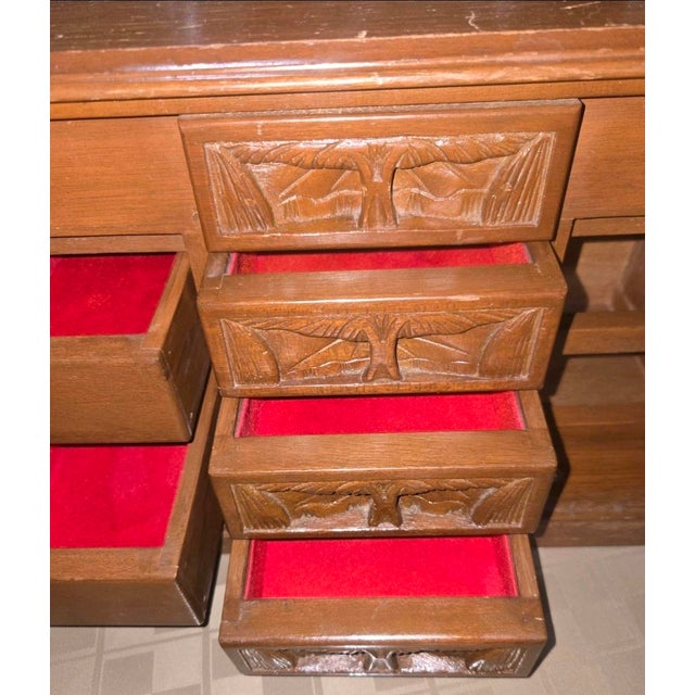Vintage Hand-Carved Wooden Deep Relief Jewelry Cabinet Tropical Farming Motif For Sale - Image 10 of 12