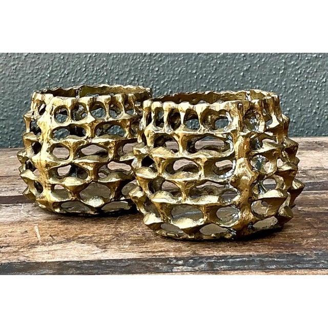 Vintage Brutalist Brass Candle Holders - Pair For Sale - Image 11 of 12