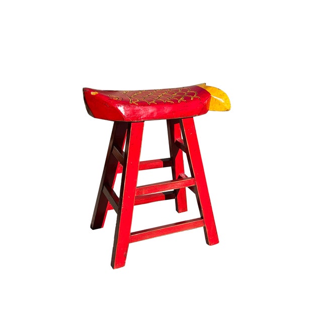 Abstract Sharp Red Yellow Fish Shape Seat Top Wood Tall Bench Stool For Sale - Image 3 of 5