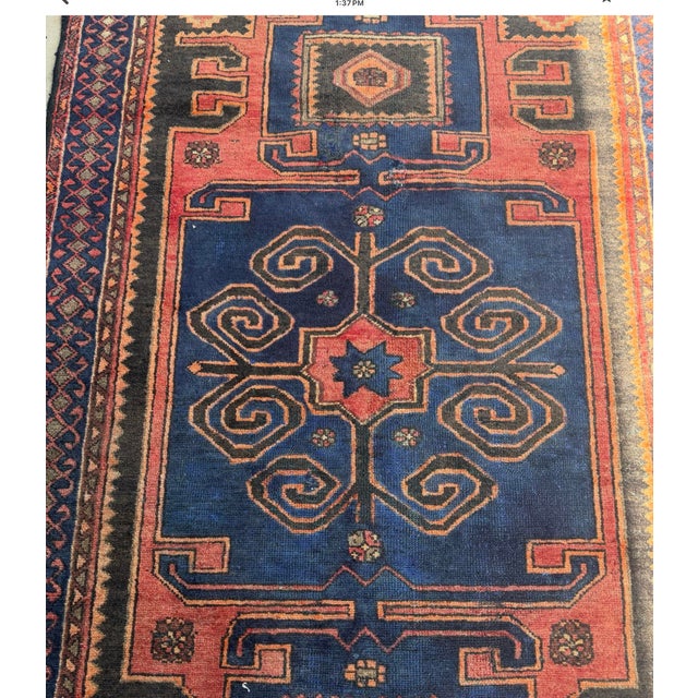 Mid-Century Hand Knotted Wool Rug - Navy Madder Tribal Geometric For Sale - Image 10 of 11
