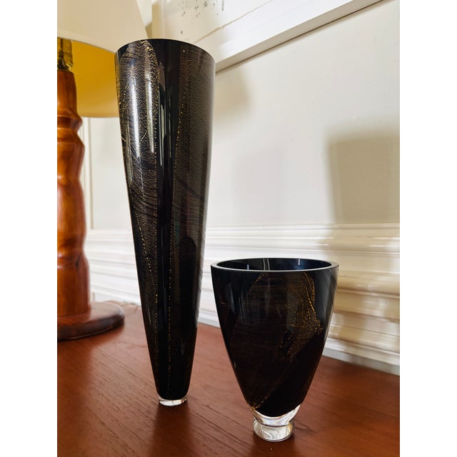 Glass Pair of 1970s Theresienthal Black and Gold Art Glass Vases, Attributed For Sale - Image 7 of 14