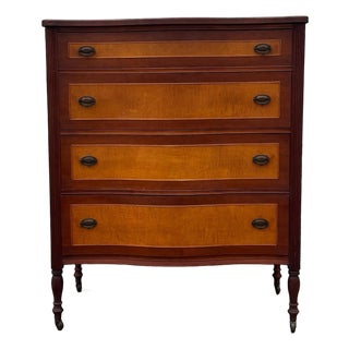 Antique Colonial Revival Serpentine Chest of Drawers, 1920s American Cherry & Maple Dresser, Vintage Curved Front Bedroom Furniture, Wood For Sale
