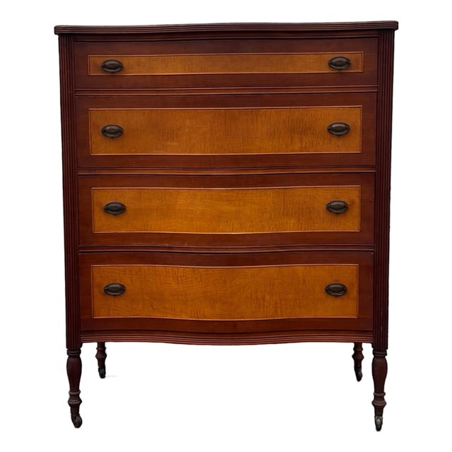 Antique Colonial Revival Serpentine Chest of Drawers, 1920s American Cherry & Maple Dresser, Vintage Curved Front Bedroom Furniture, Wood For Sale