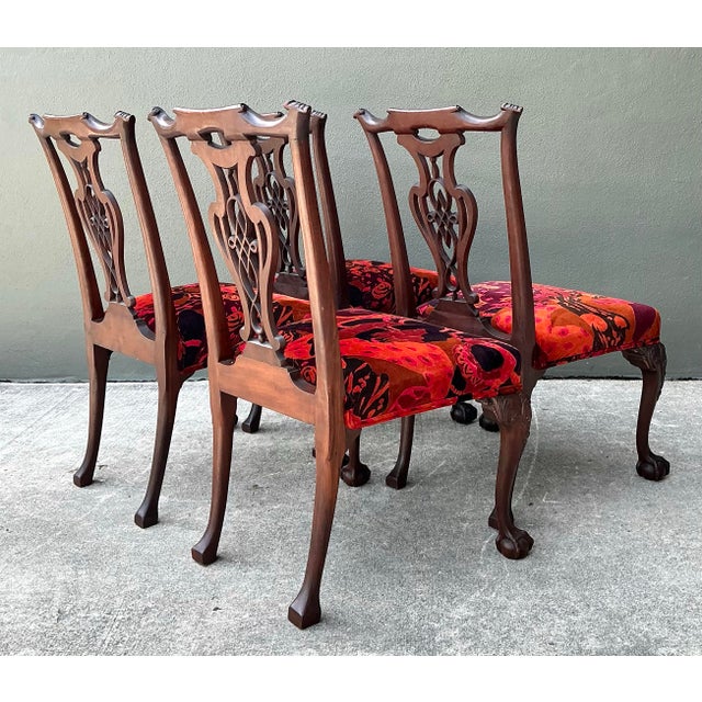 Vintage Hand Carved Chippendale Dining Chairs in 80s Yves St Laurent Printed Velvet - Set of 4 For Sale In West Palm - Image 6 of 12