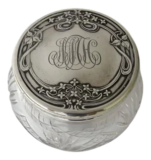 Late 19th Century Sterling Foster & Bailey Repousse Lidded Vanity Dresser Jar Cut Glass Monogrammed