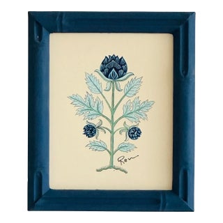 Hand-Painted Jaipuri Blue Floral Motif Painting. Framed For Sale