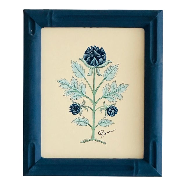 Hand-Painted Jaipuri Blue Floral Motif Painting. Framed For Sale
