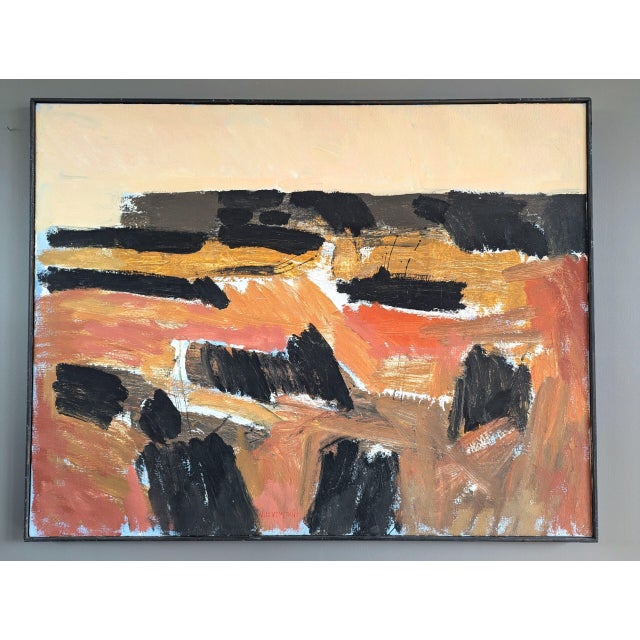 ABSTRACT HORIZON Size: 28.3 x 36 inches (including frame) Oil on canvas A mid-century modernist abstract landscape...