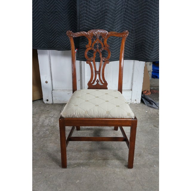 Late 20th Century 6 Late 20th Century Maitland Smith Chippendale Pierced Mahogany Dining Side Arm Chairs Silk Seats For Sale - Image 5 of 18