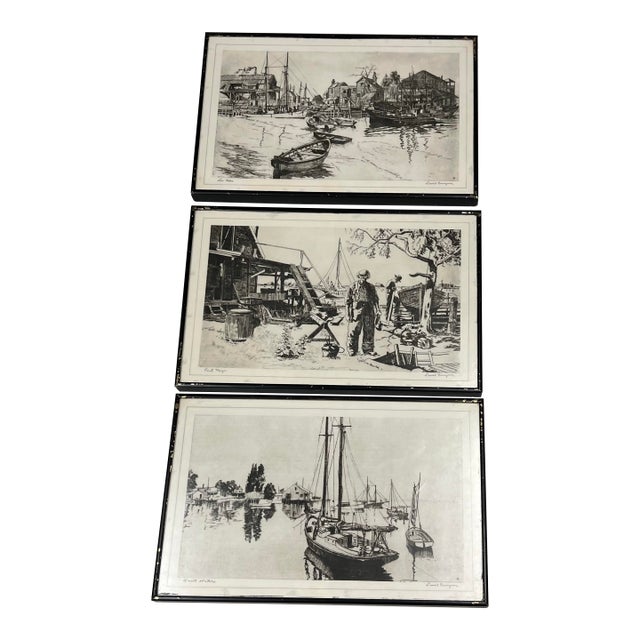 Vintage Framed Black & White Coastal Art by Lionel Barrymore - Set of 3 For Sale