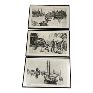 Vintage Framed Black & White Coastal Art by Lionel Barrymore - Set of 3