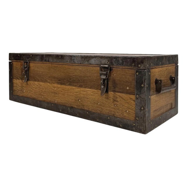 Antique Early 20th Century English Iron-Bound Oak Storage Chest For Sale