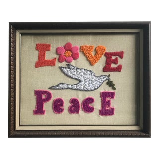 1960s Hand Embroidered Love Peace Framed Needlepoint For Sale