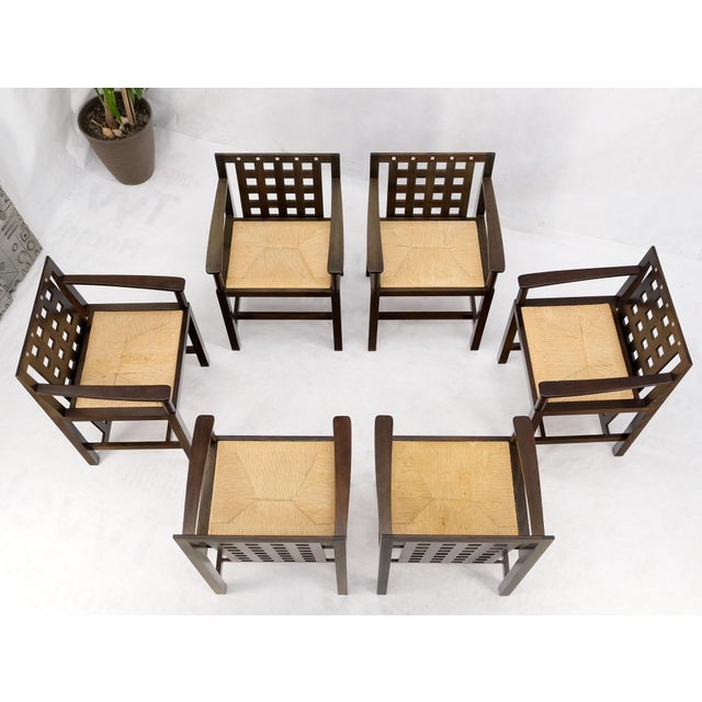 Charles Rennie Mackintosh Late 20th Century Brown Oak Cassina Macintosh Drop Leaf Dining Table 6 Rush Seat Chairs Set Mint For Sale - Image 4 of 18