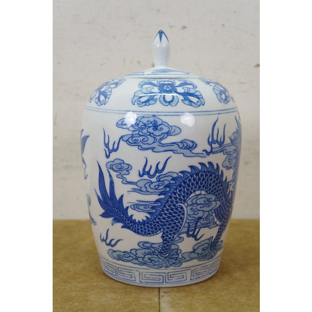 Late 20th Century Chinese Chinoiserie Blue & White Porcelain Dragon Ginger Jar Mantel Vase Urn 11" For Sale - Image 5 of 14