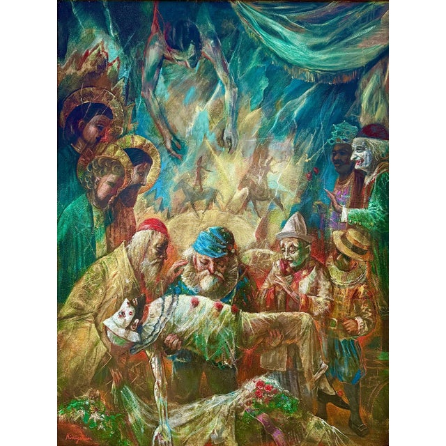 Jonah Kinigstein, Large Oil Painting Circus Scene Clowns Rediscovered NY Artist Jonah Kinigstein, c. 1950s For Sale - Image 9 of 16